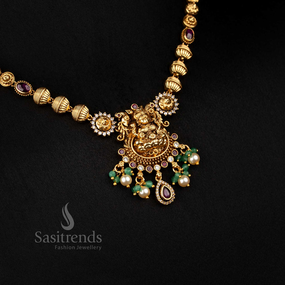 Ethereal white-ruby matte gold plated lotus Lakshmi necklace featuring pearl hangings, ideal to wear for festive occasions and family functions – Sasitrends