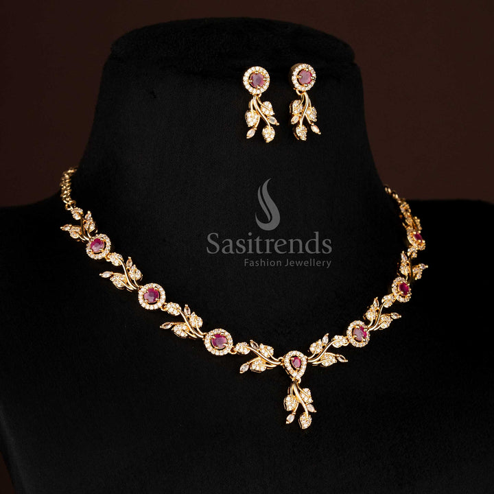Regal White-Ruby American Diamond Micro Gold Plated Floral Vine Necklace, Exquisite for Premium Festive and Party Jewellery Wear – Sasitrends
