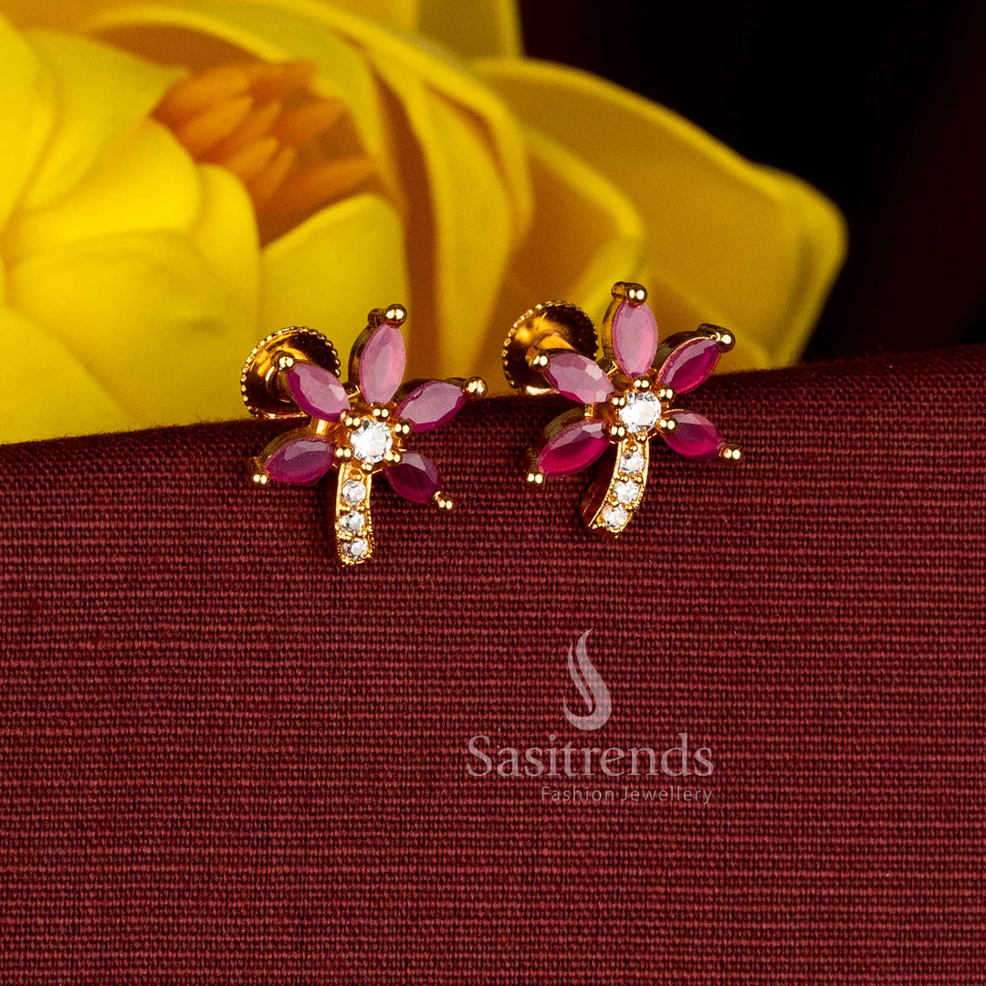 Dazzling white-ruby micro gold plated AD flower branch stud earrings with shimmering gemstones, ideal for festival celebrations, wedding functions, and traditional cultural events - Sasitrends