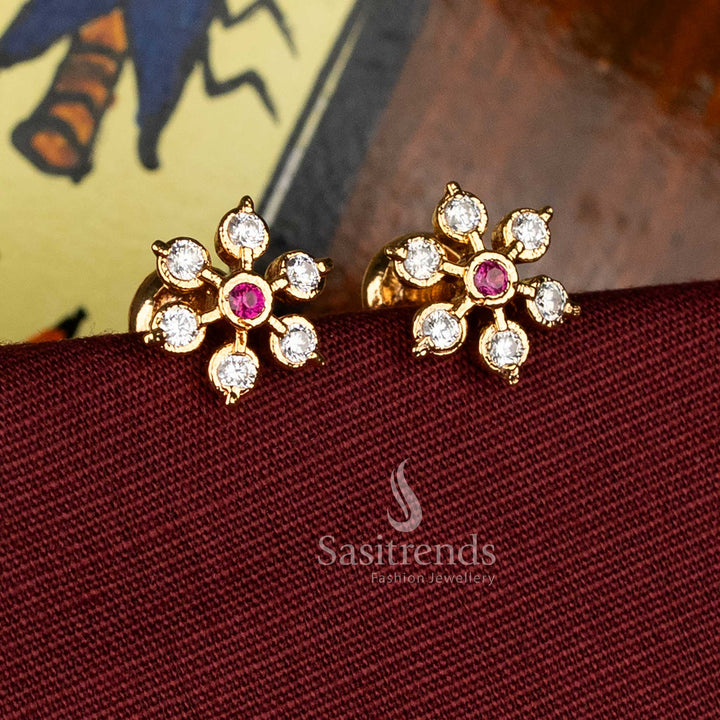Charming white ruby multi petal impon micro gold plated American diamond stud earrings suited for celebrations - Sasitrends