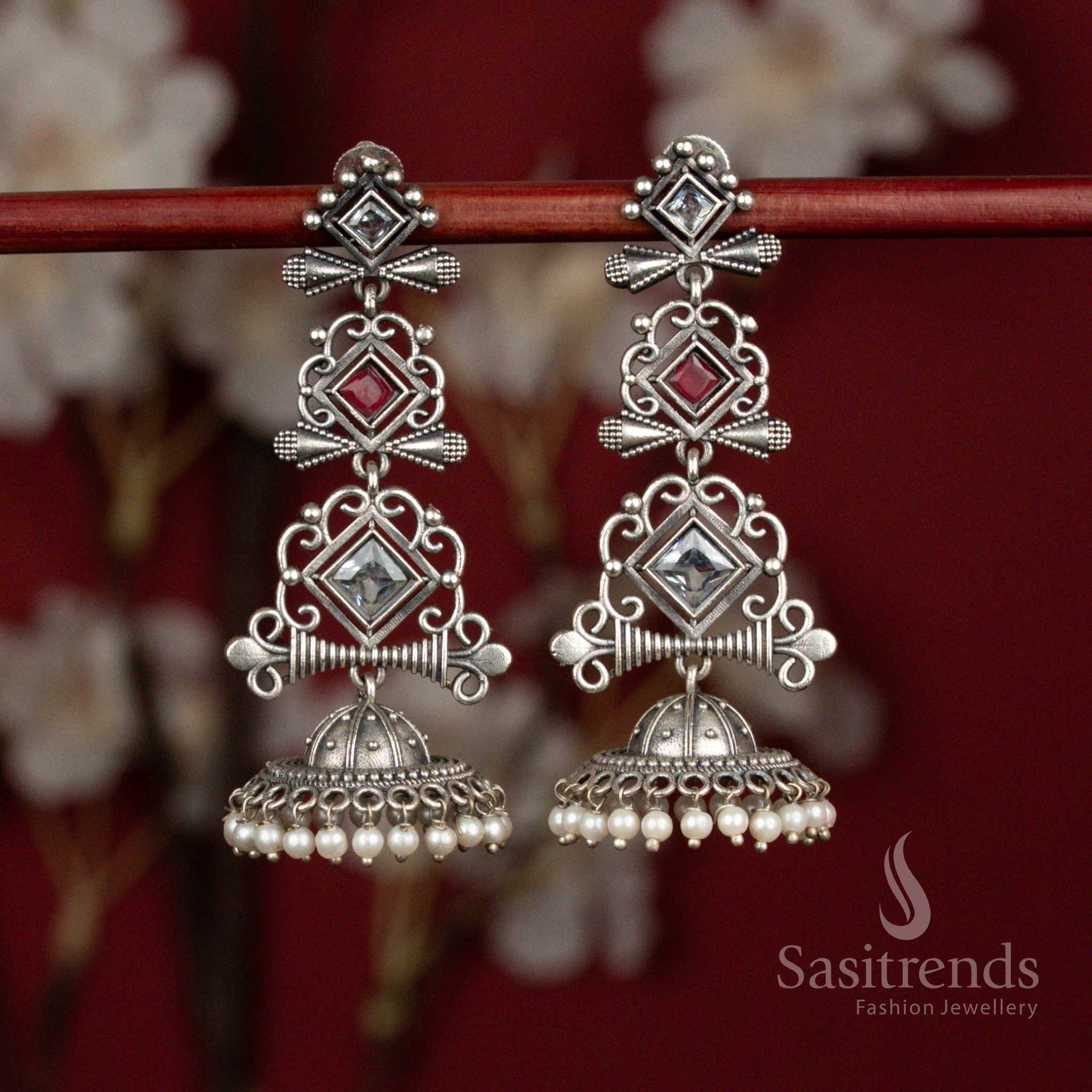 Ivory ruby antique oxidised 92.5 silver geometric stone long jhumka earrings with pearl hangings for ethnic wear - jewellery - Sasitrends