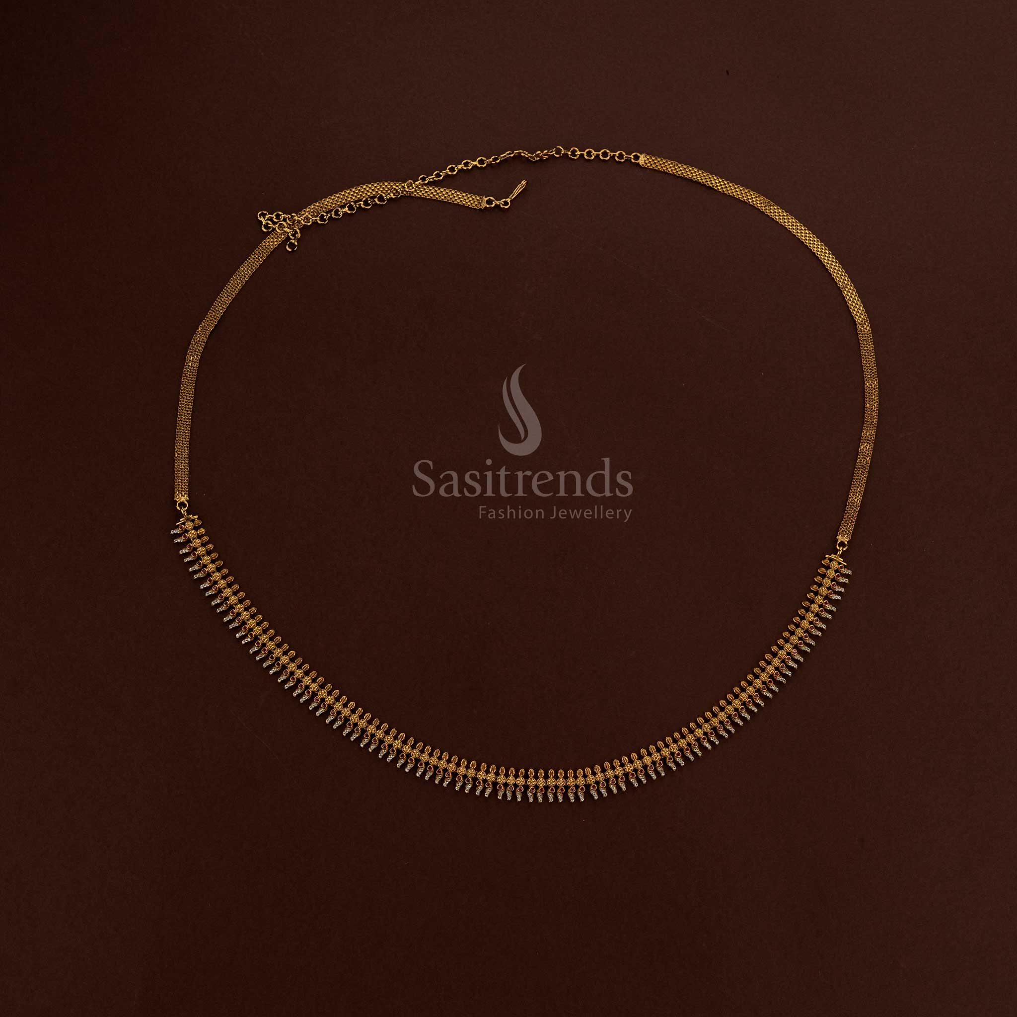 Regal white ruby combination temple matte gold plated jasmine bud floral AD hipbelt designed for bridal adornment wedding celebrations and saree ensembles - Sasitrends