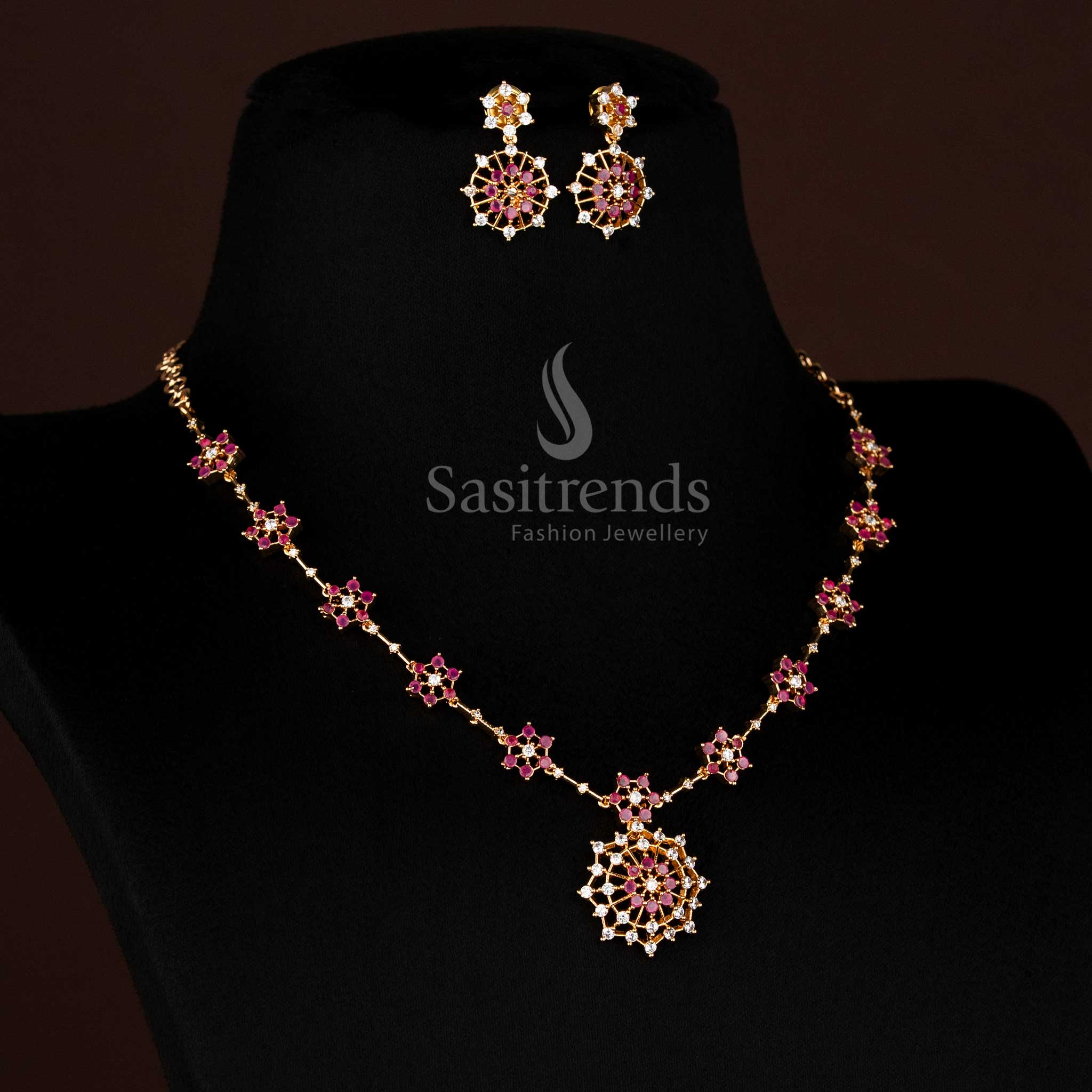 Luxurious White-Ruby Micro Gold Plated Necklace Jewellery Set Featuring AD Stone Floral Starburst Design – Sasitrends