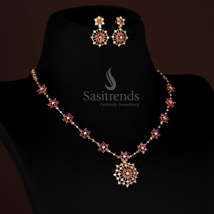 Luxurious White-Ruby Micro Gold Plated Necklace Jewellery Set Featuring AD Stone Floral Starburst Design – Sasitrends