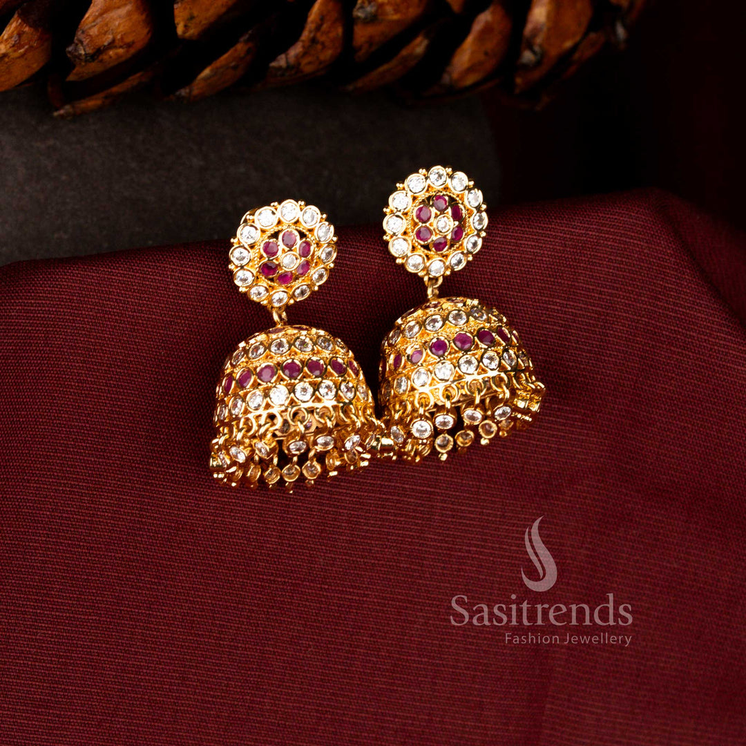 Guaranteed micro gold plated American Diamond round floral jhumka earrings with 24K gold lustre - Sasitrends