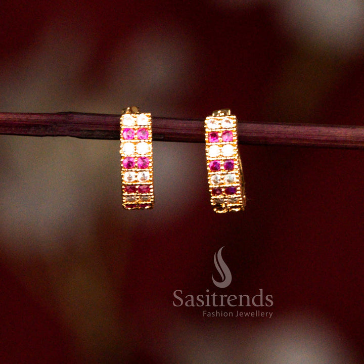 Guaranteed micro gold plated American diamond hinged clasp ring style stud earrings designed in pristine white tone for traditional celebrations – Sasitrends