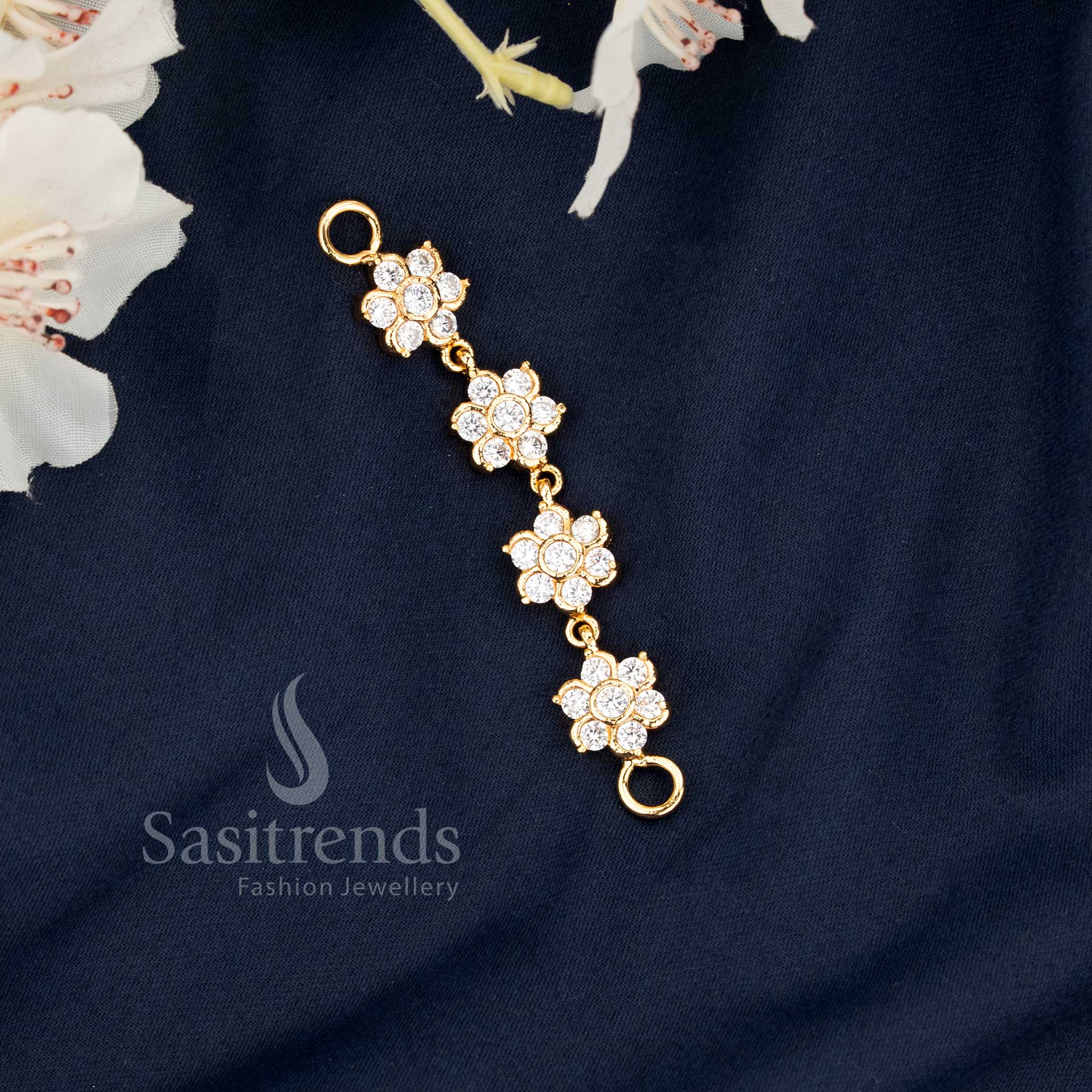 Beautiful white stone micro gold plated Impon Addigai Panchaloha 4 floral mugappu pendant, perfect for cultural celebrations and ethnic occasions, showcasing intricate craftsmanship by Sasitrends