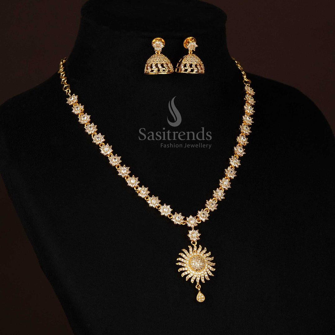 Elegant Temple Style Micro Gold Plated Necklace With White Stone Floral Cluster And Sun-Inspired Pendant – Jewellery Set For Saree Look With Ethnic Grandeur – Sasitrends

