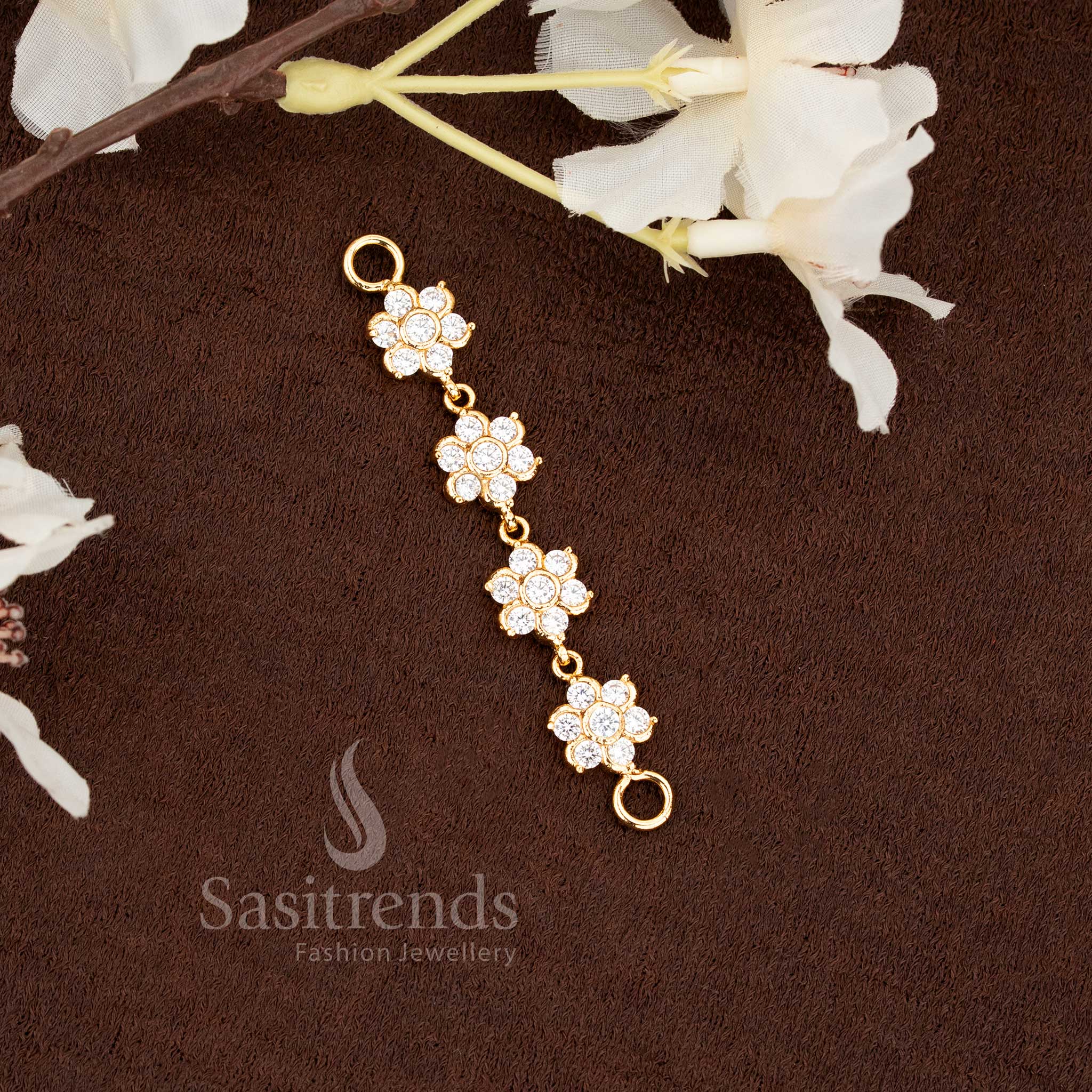 Elegant white stone Impon Addigai micro gold plated Panchaloha 4 floral mugappu pendant, designed for traditional chain wear, radiating refined artistry and divine charm by Sasitrends