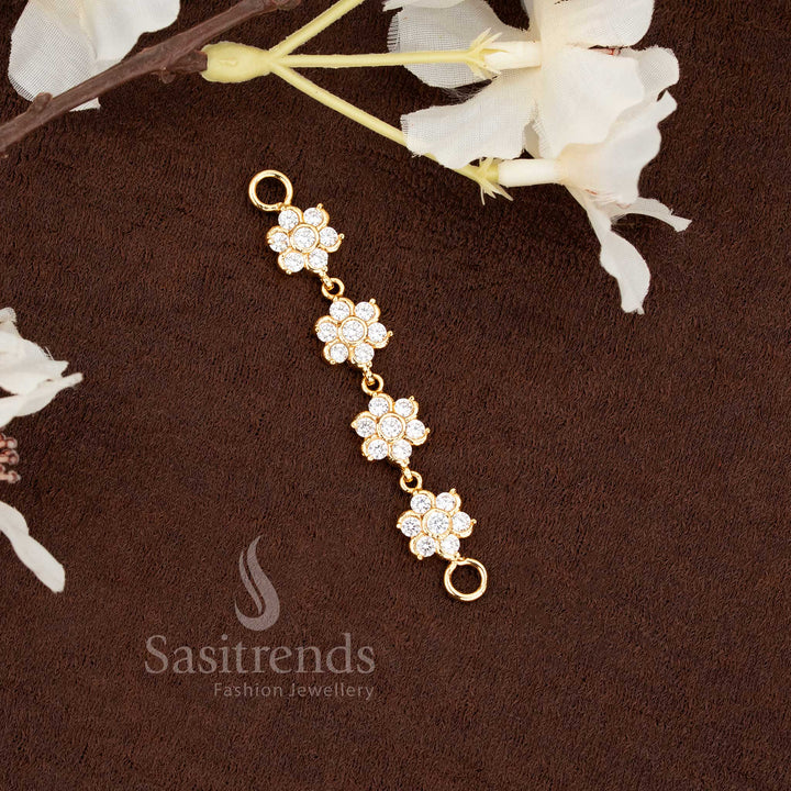 Elegant white stone Impon Addigai micro gold plated Panchaloha 4 floral mugappu pendant, designed for traditional chain wear, radiating refined artistry and divine charm by Sasitrends