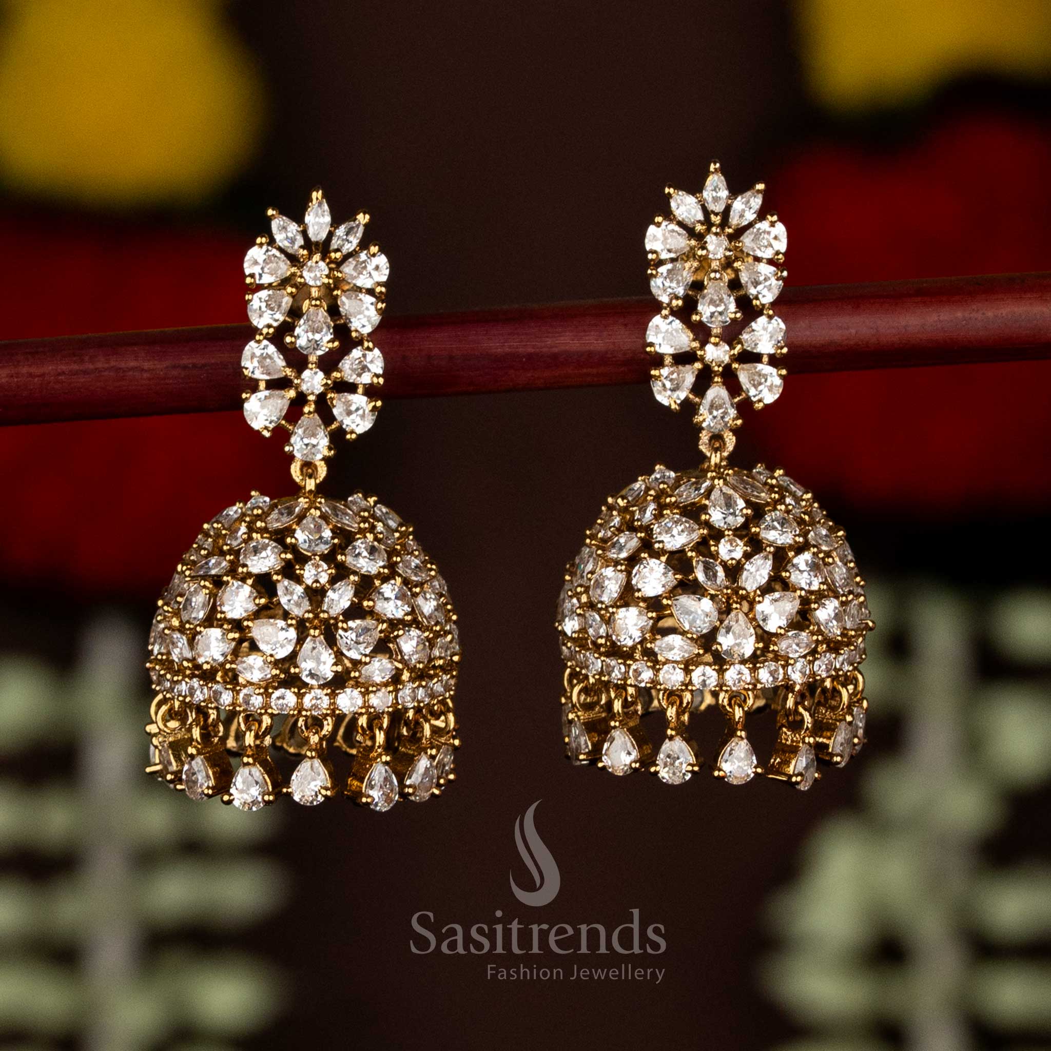 Elegant Victorian white AD jhumka earrings with detailed floral dome for traditional wedding and ceremonial wear – Sasitrends