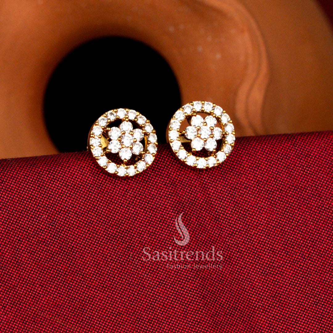 American Diamond matte gold plated round floral earrings - Sasitrends