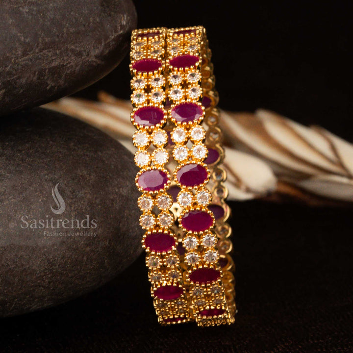 Micro gold traditional bangles set with white-ruby stones – a classic ethnic jewellery design glowing with festive elegance and celebratory sparkle by Sasitrends