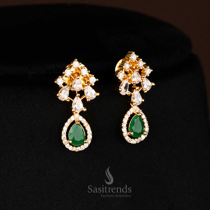 White-green AD earrings with emerald-style teardrop, multiple strands and classic Indian styling in a micro gold finish, ethnic jewellery by sasitrends