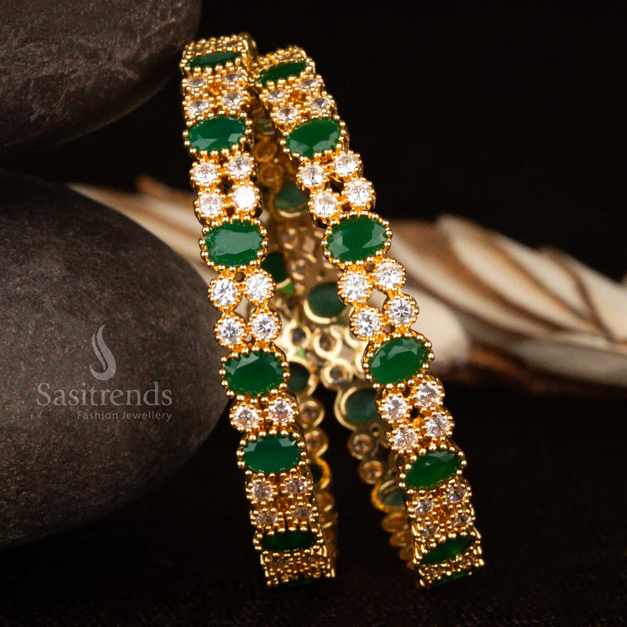 Micro gold traditional bangles set with white and green CZ stones – a flawless blend of classic sophistication and festive ethnic jewellery by Sasitrends