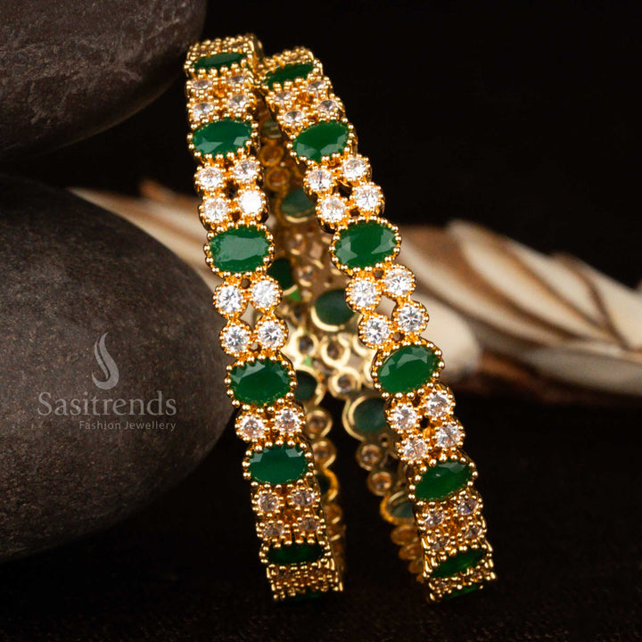 Micro gold traditional bangles set with white and green CZ stones – a flawless blend of classic sophistication and festive ethnic jewellery by Sasitrends