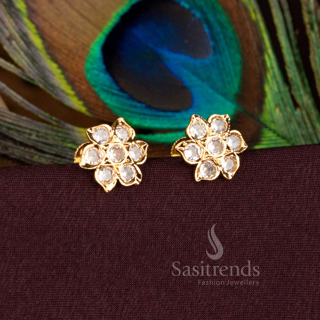 Traditional White Flower Stud Earrings With AD Stones In Impon Addigai Micro Gold Plated 24K Carat Pure Gold Finish – Sasitrends