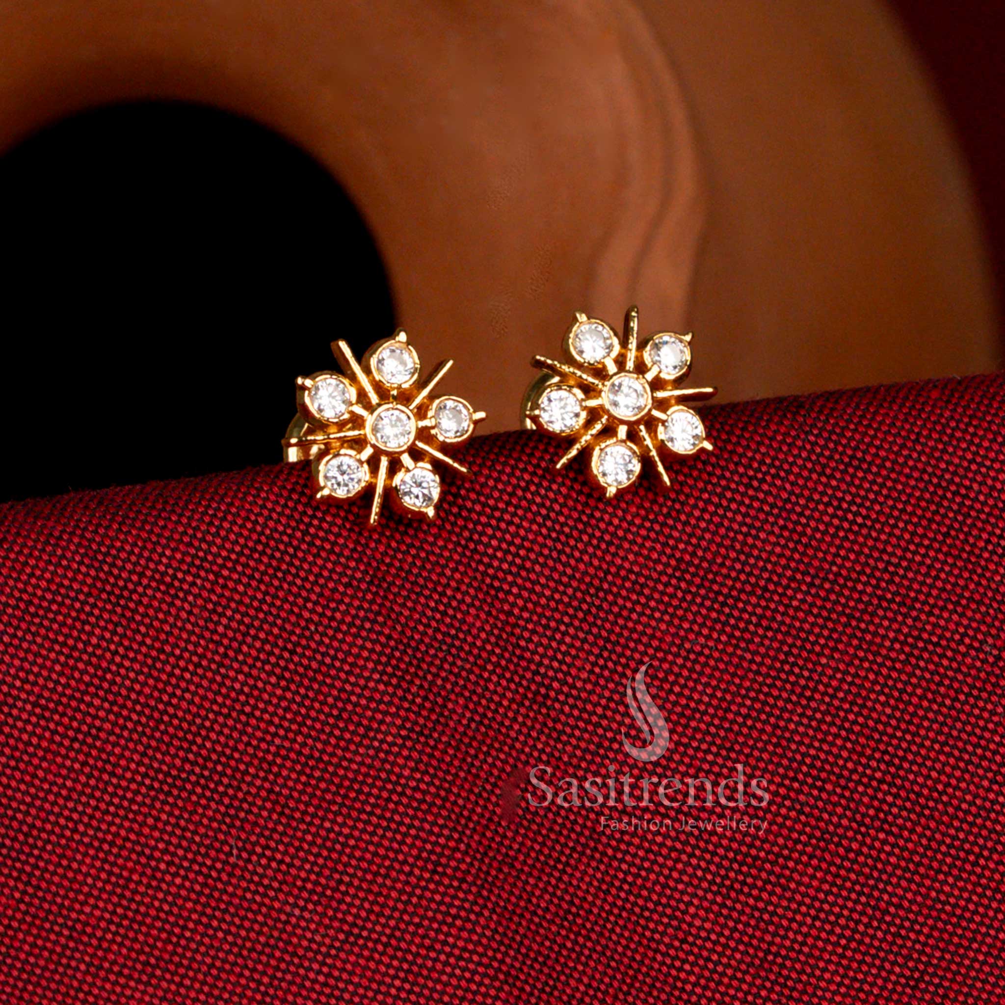 Impon micro gold plated flower stud earrings with AD sparkle - Sasitrends
