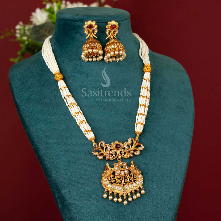 Temple jewellery necklace with delicate white beads, colourful peacock centrepiece and matte gold plated chain – a refined accessory for cultural elegance – Sasitrends