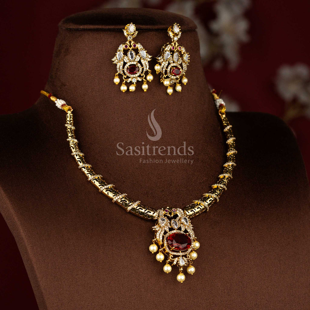 Heritage crown matte gold plated necklace set crafted with peacock motif, curved cylinder links and pearl drops in white red festive style – Sasitrends