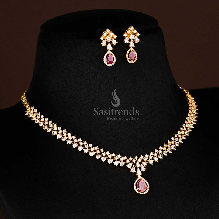 American Diamond necklace set with Marquise Shape teardrop ruby-inspired stone, white stone base and multi-line chain in micro gold plating, traditional bridal jewellery from sasitrends