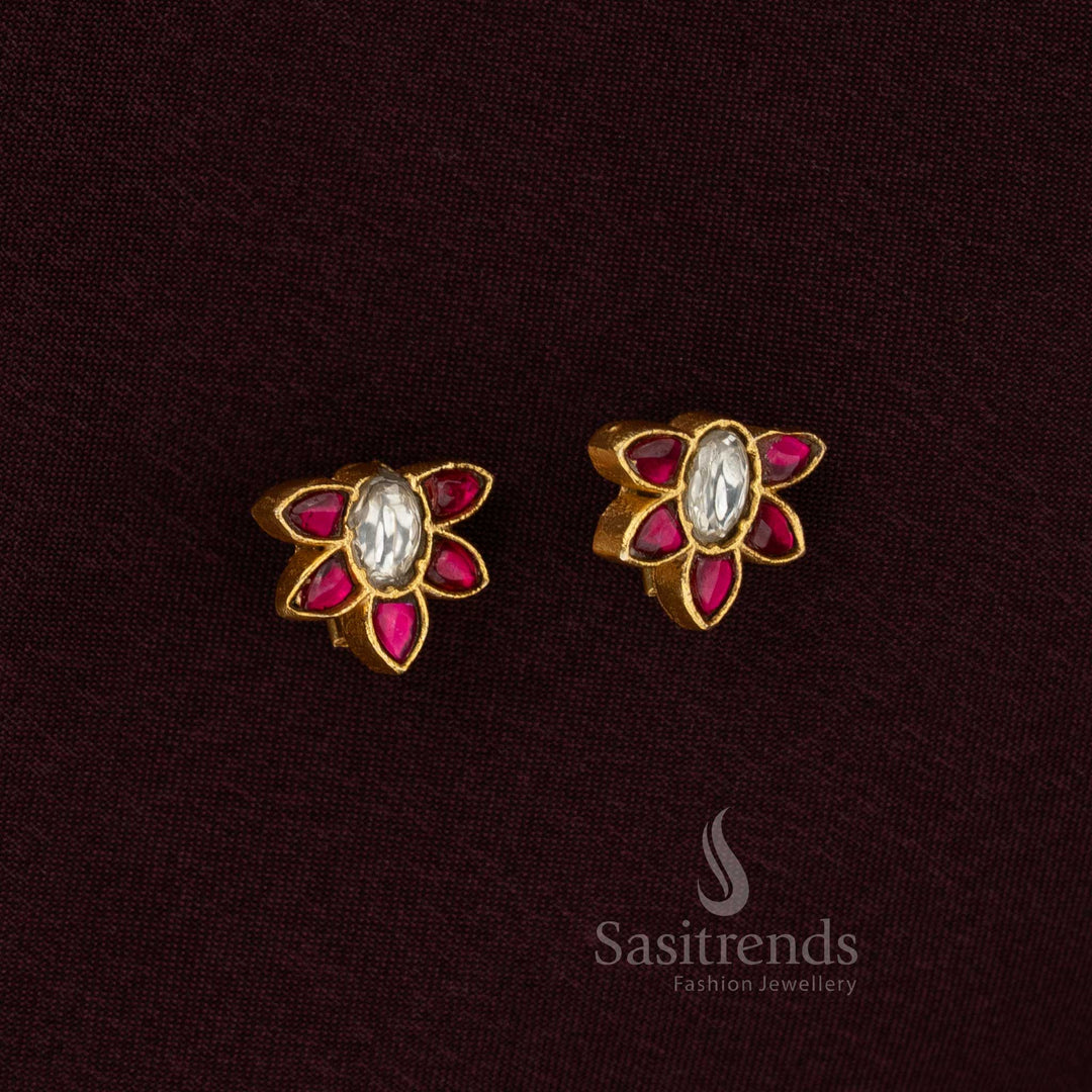 Traditional gold plated Jadau Bugadi earrings with White-ruby stones and lotus petal design studded with Kundan by Sasitrends