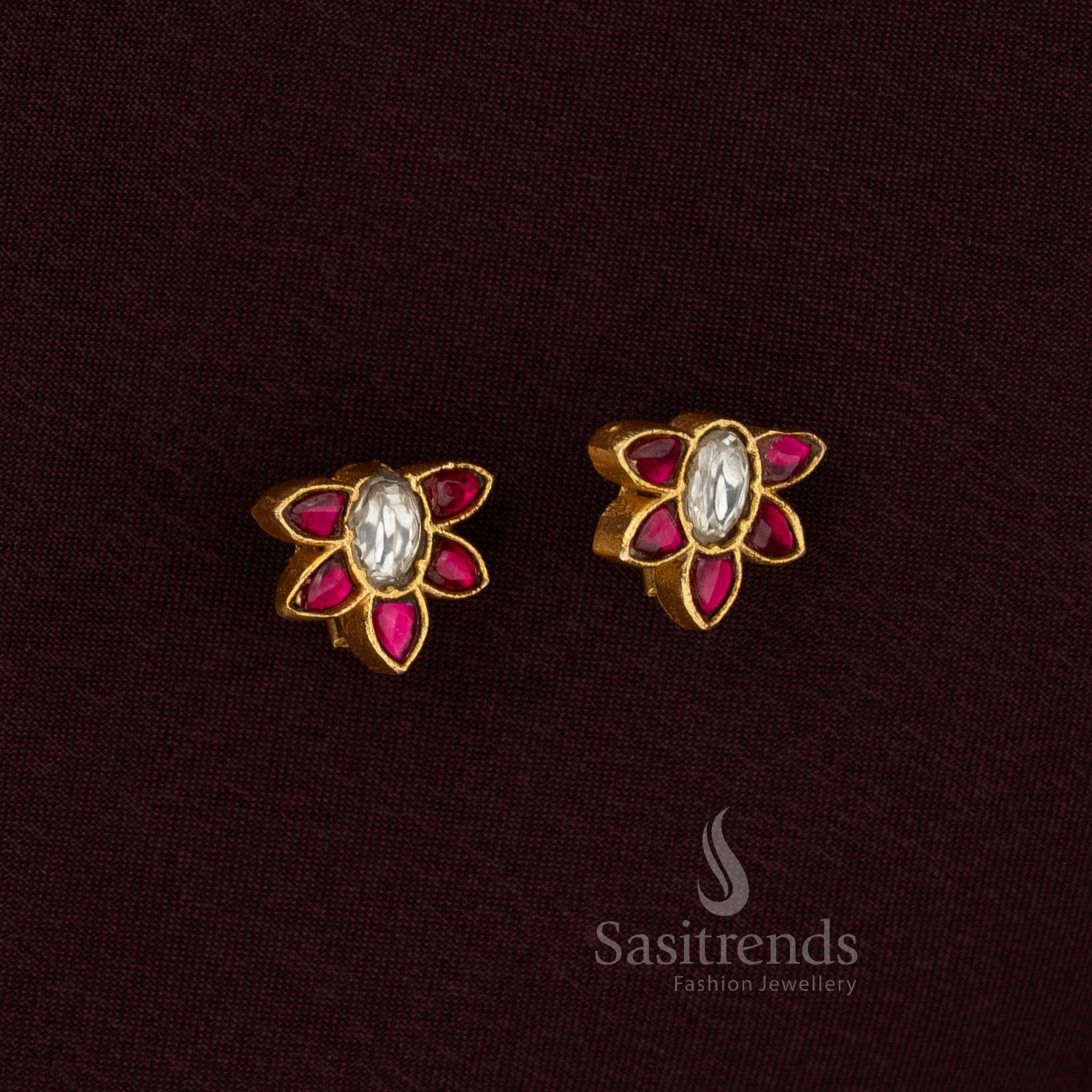 Traditional gold plated Jadau Bugadi earrings with White-ruby stones and lotus petal design studded with Kundan by Sasitrends