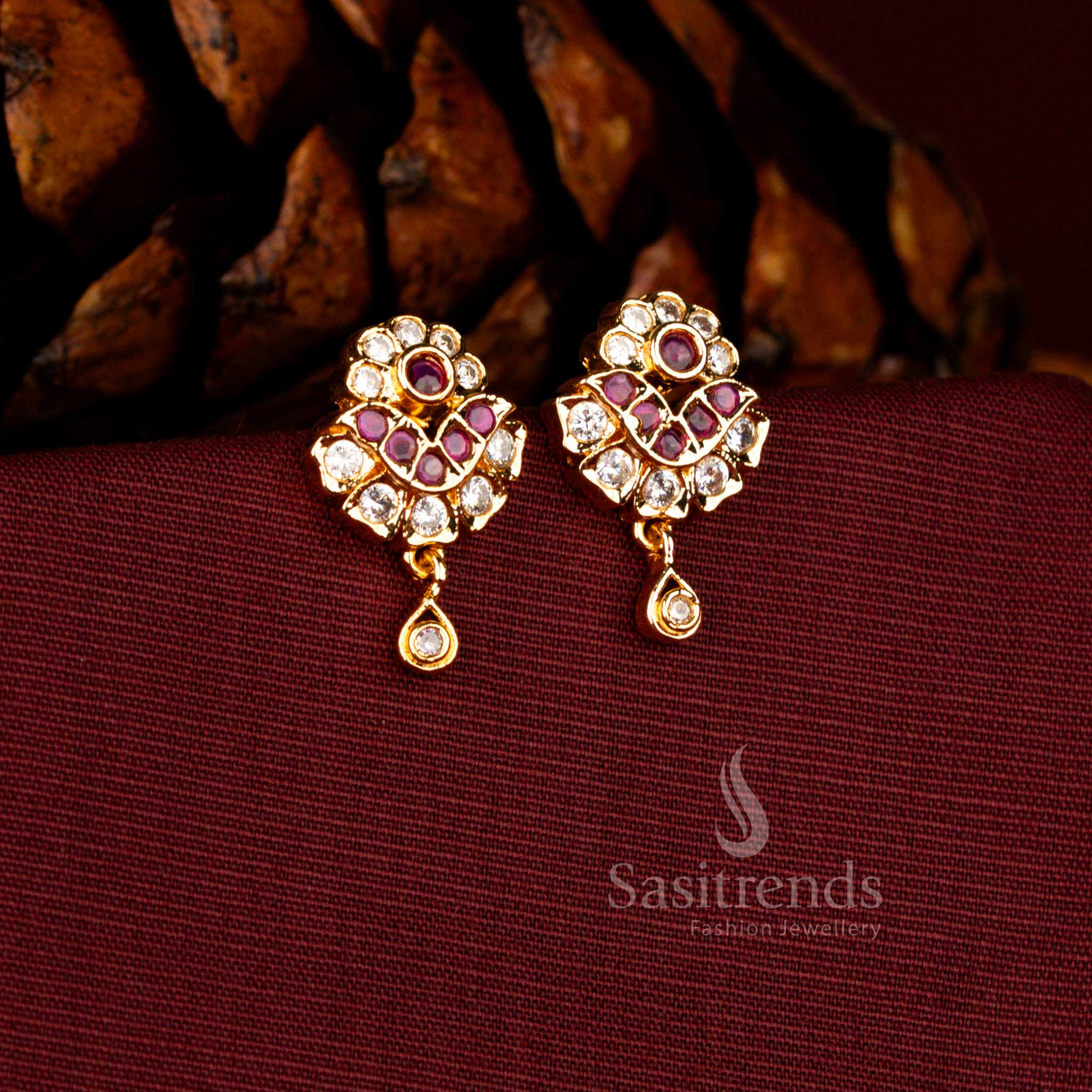 Micro gold plated AD floral drop dangle earrings with sculpted teardrop finish in one gram jewellery style - Sasitrends