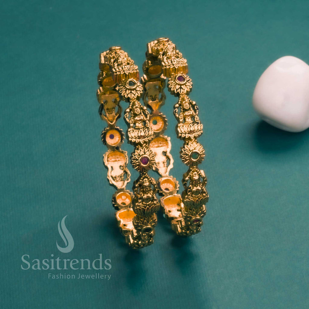 Goddess Lakshmi Temple Matte Gold Plated Bangles with Red & Green Stones - Traditional Jewelry - Sasitrends