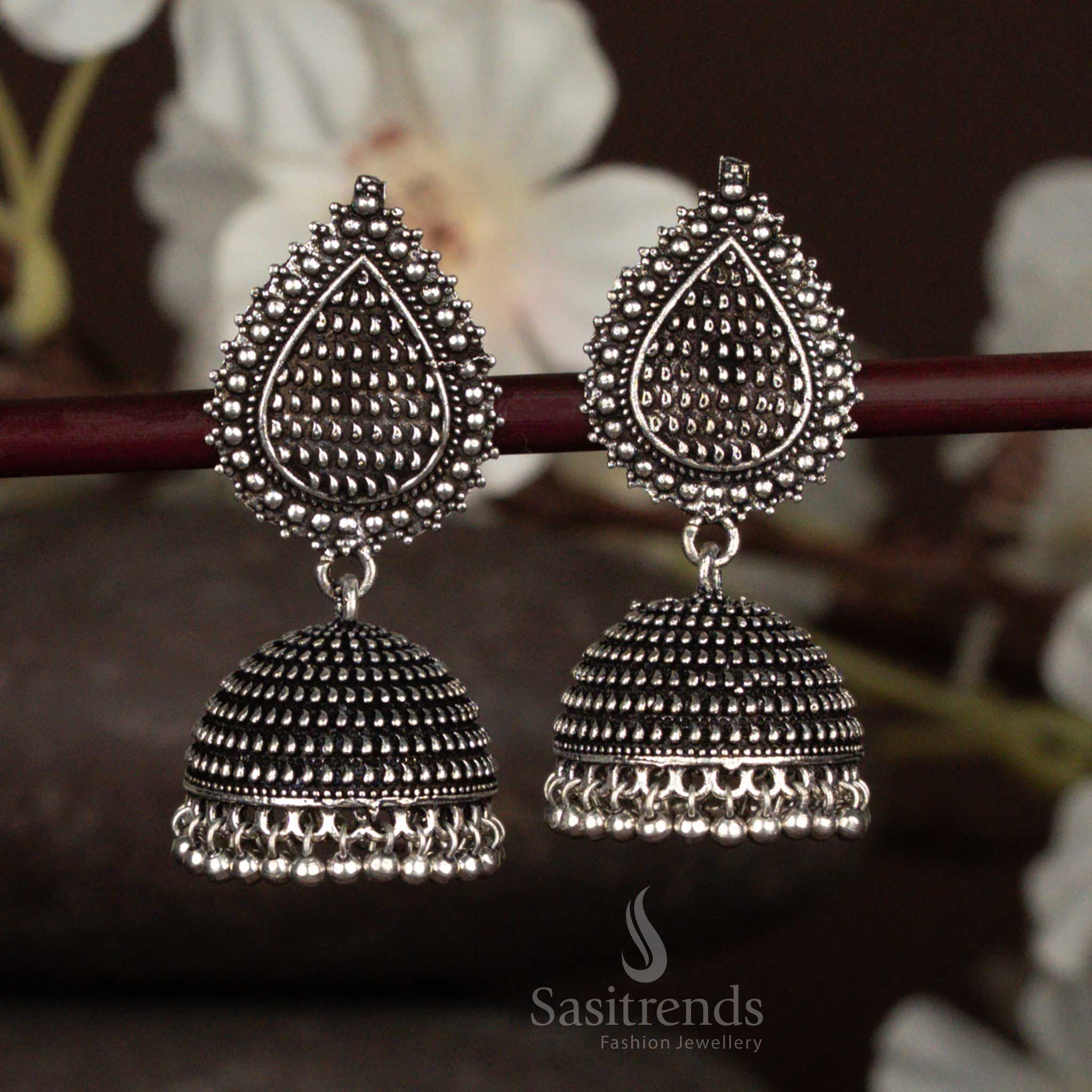 Antique tribal oxidised jhumka earrings with teardrop stud and hanging beads – Sasitrends