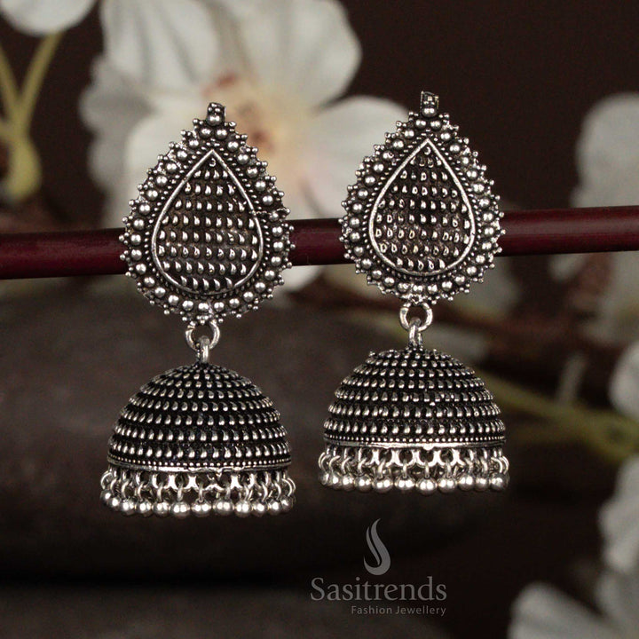 Gorgeous Oxidised Teardrop Stud Dome Jhumka Earrings with Beaded Pattern - Sasitrends