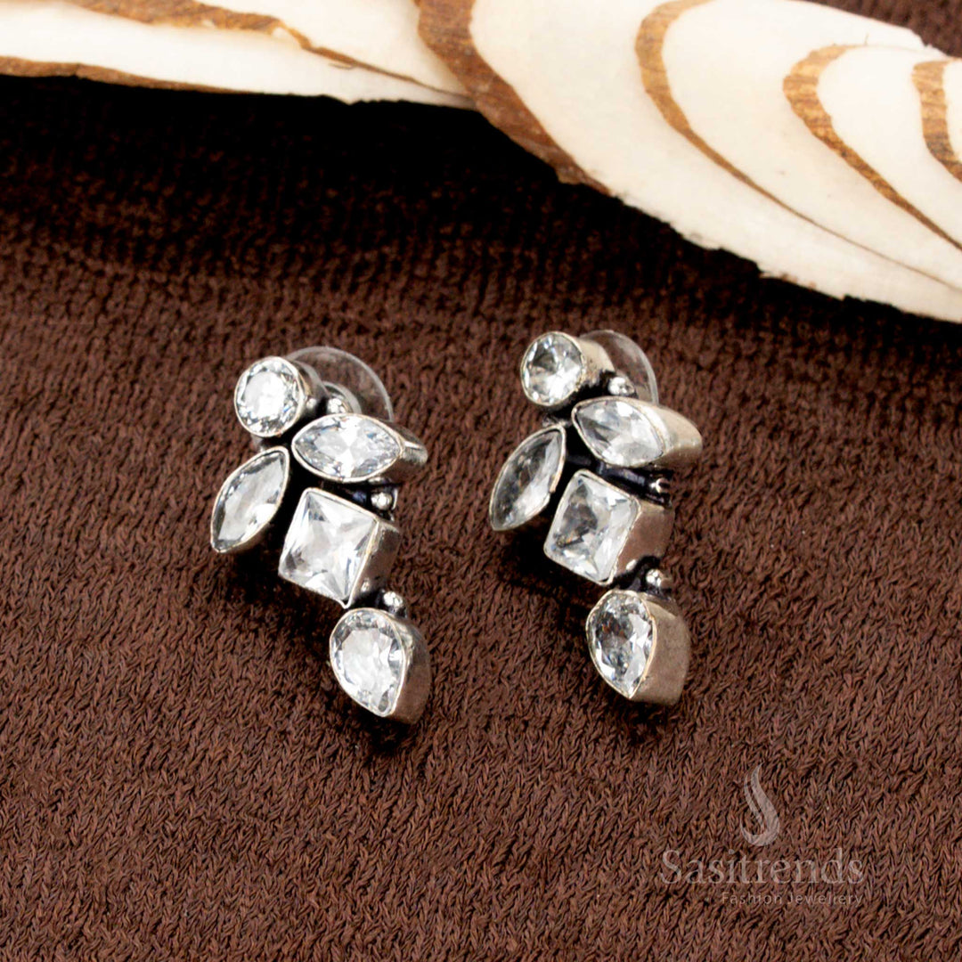 Oxidised silver geometric stud earrings with clear stones by Sasitrends