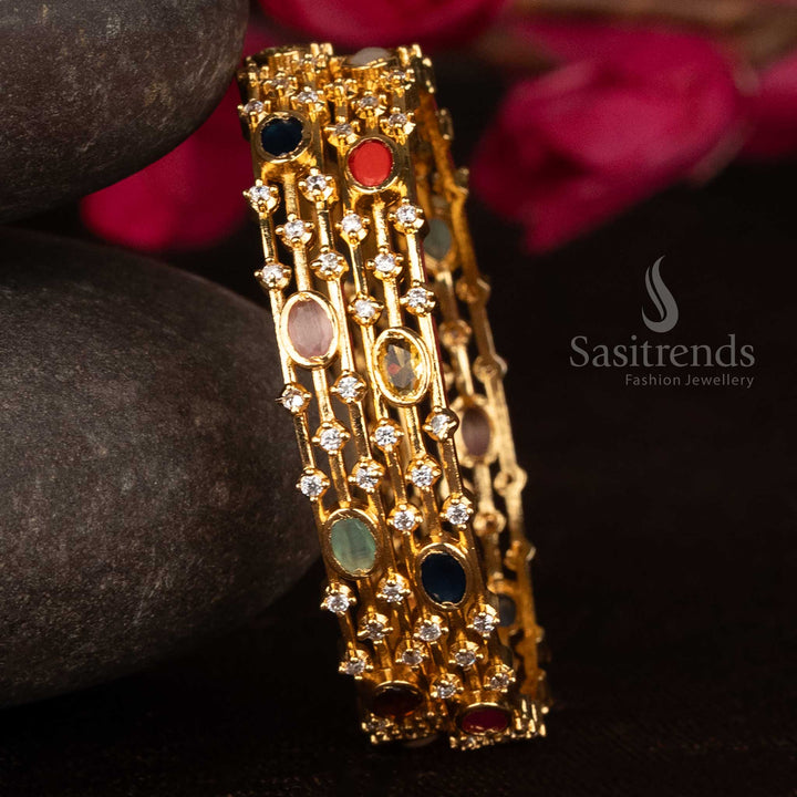 Delicate Micro Gold Plated Multi-Stone Designer Bangles with American Diamond Accents – One Gram - Sasitrends