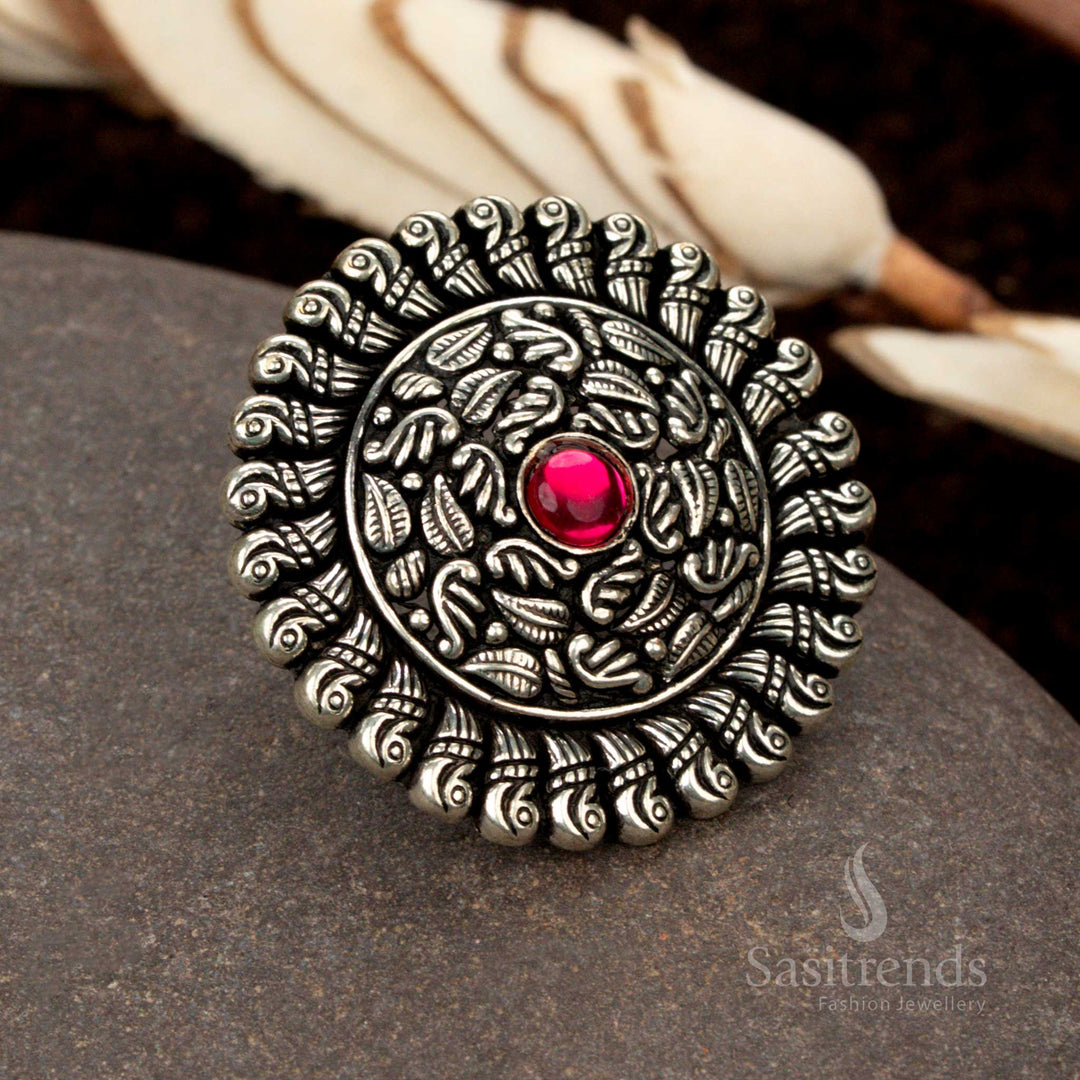 Intricately carved oxidised adjustable circular ring for ethnic wear - Sasitrends