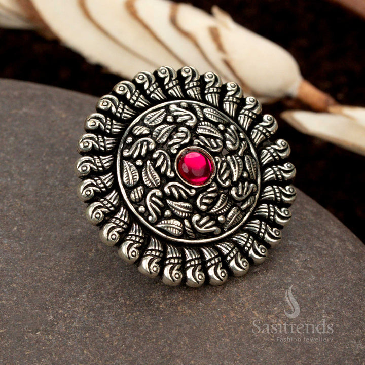 Beautiful Oxidised Adjustable Circular Statement Ring with Intricate Carvings For Special Events - Sasitrends