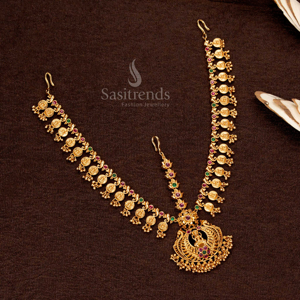 Premium Temple Matte Gold Plated Three-Layer Lakshmi and Peacock Tikka with AD Stones – Sasitrends