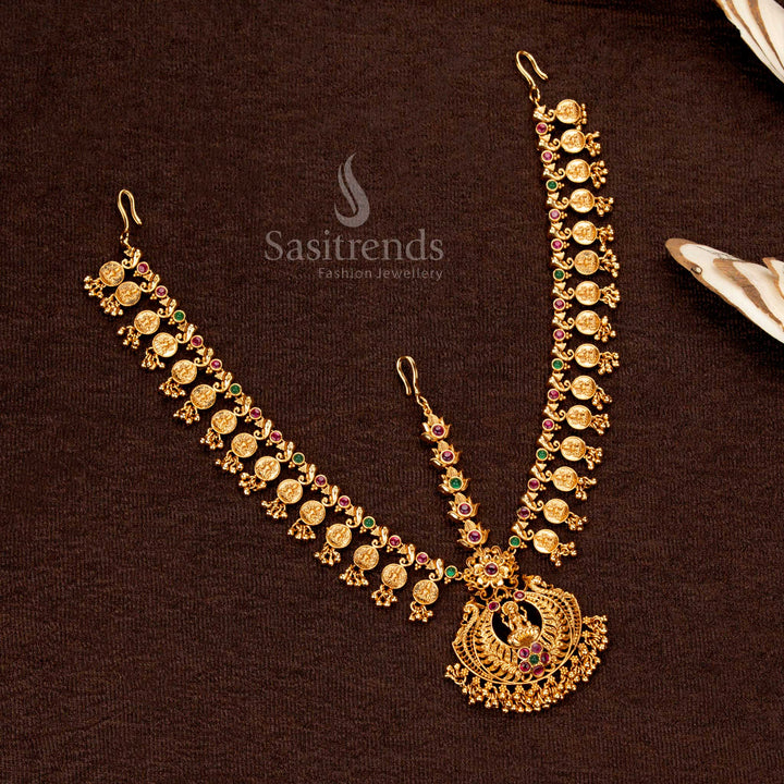 Premium Temple Matte Gold Plated Three-Layer Lakshmi and Peacock Tikka with AD Stones – Sasitrends