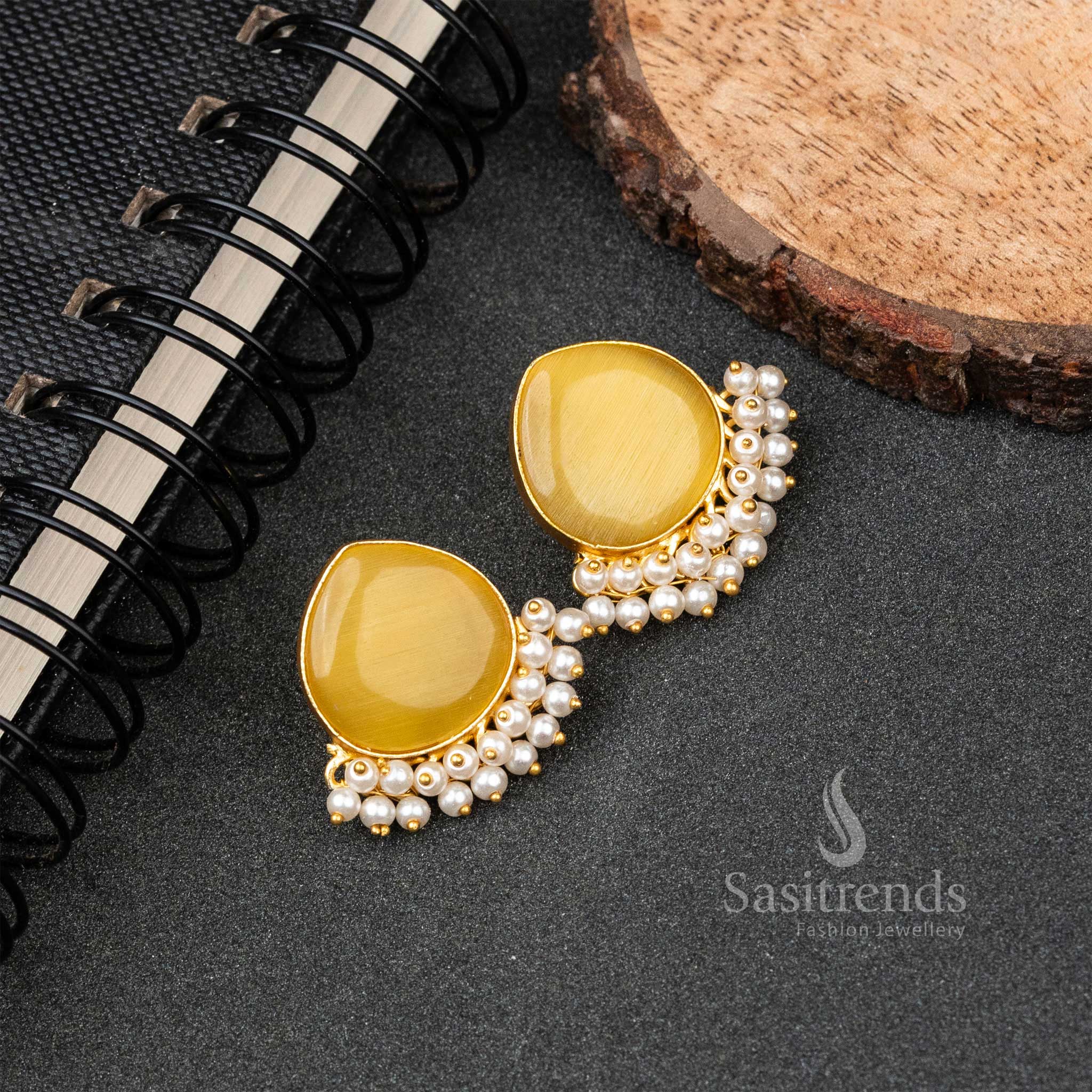 Yellow Gold Plated Pearl Hanging Monalisa Stone Studded Push Back Earrings