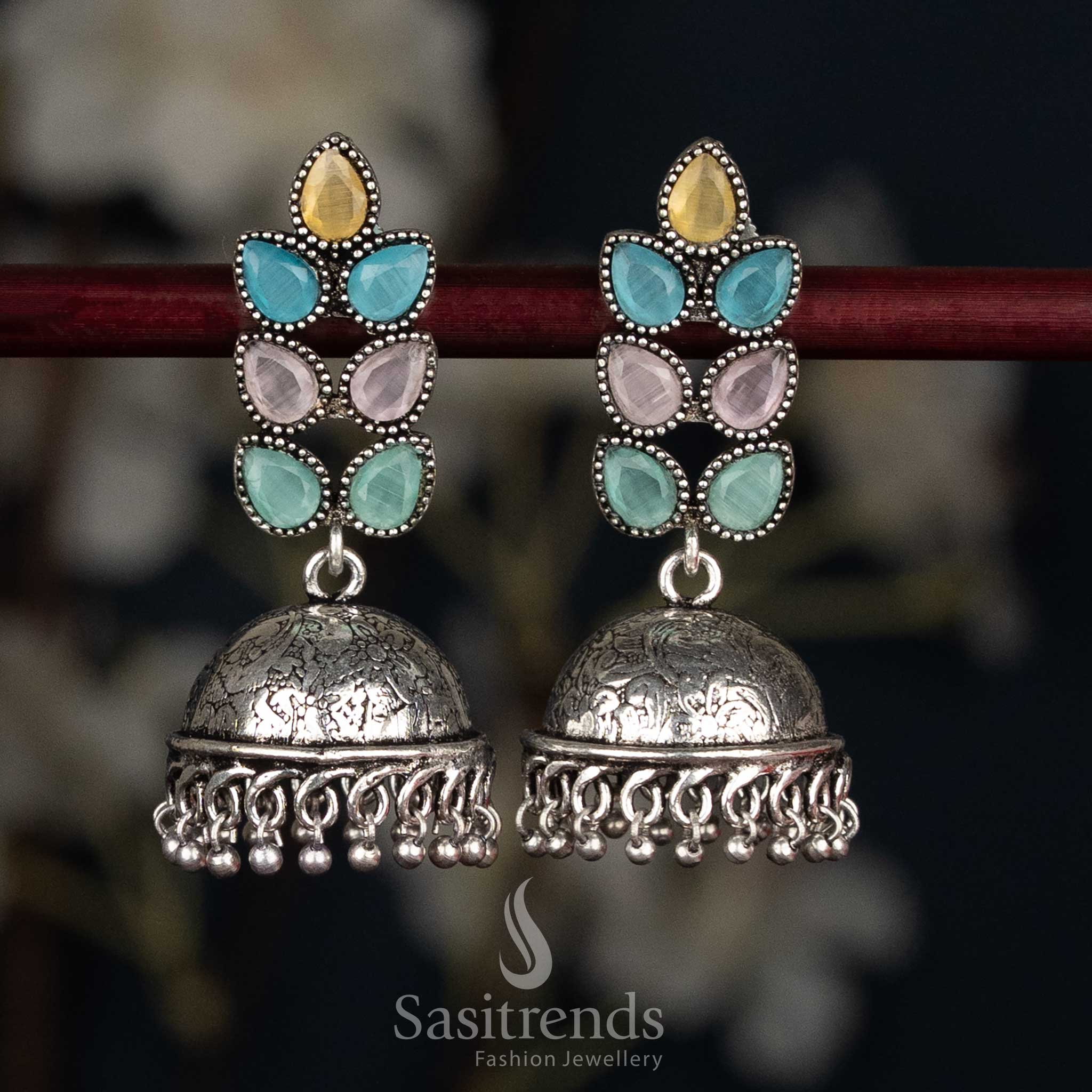 Radiant yellow multi oxidised petal cluster stud jhumka earrings with textured dome for vibrant ethnic wear - Sasitrends