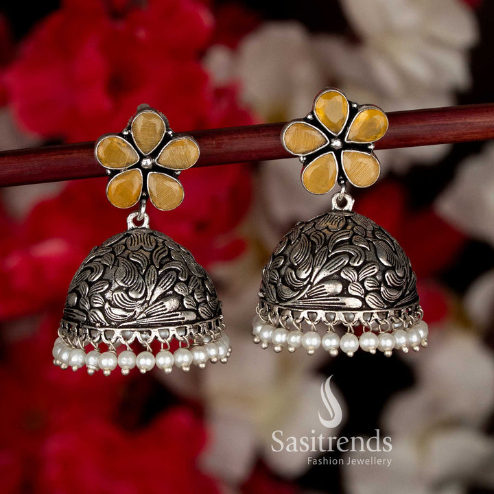 Bright Yellow Party Oxidised Floral Jhumka Earrings with Pearls, Designed for Ethnic Black Saree Navaratri Celebrations-Sasitrends