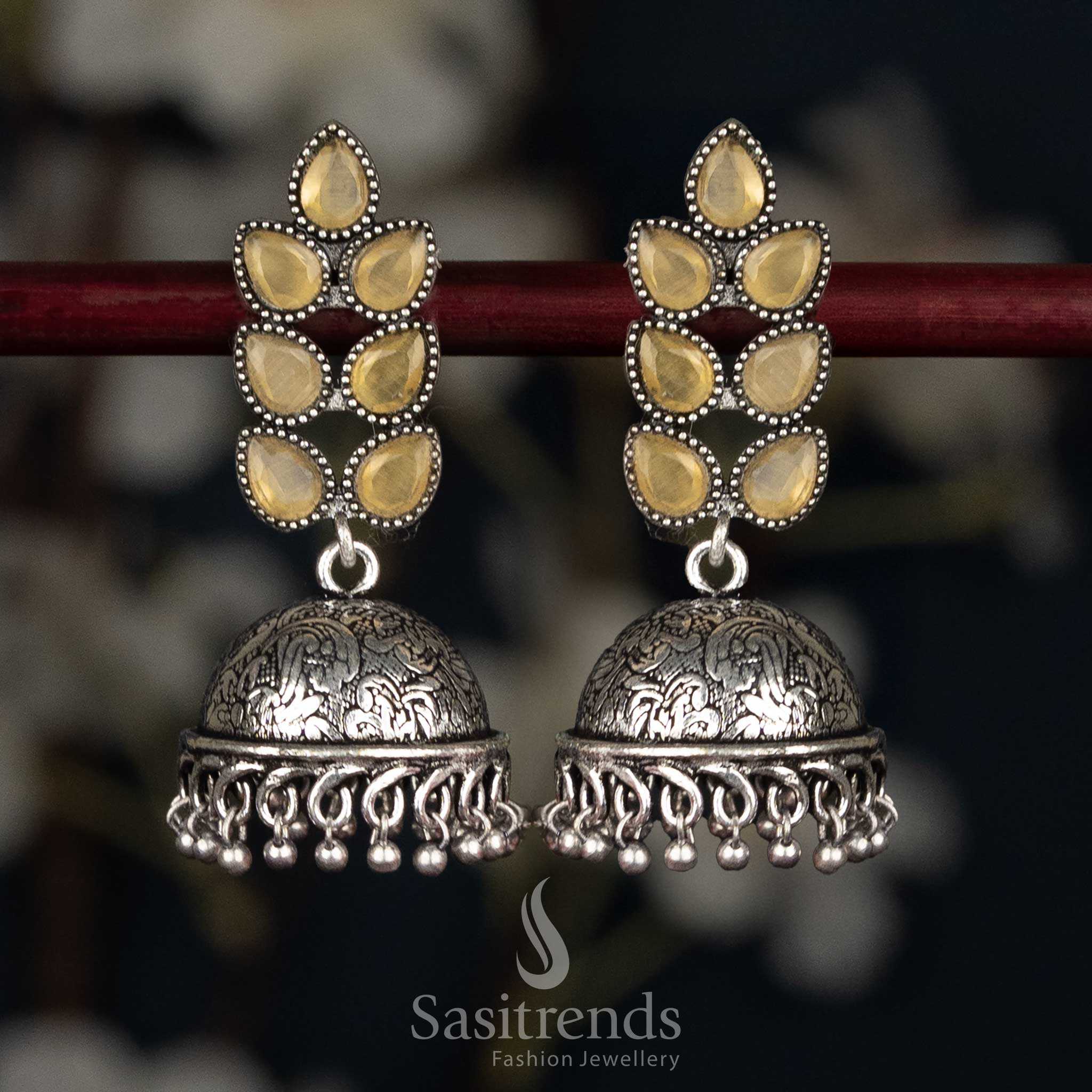 Sunny yellow oxidised petal cluster stud jhumka earrings featuring textured dome for festive gatherings - Sasitrends