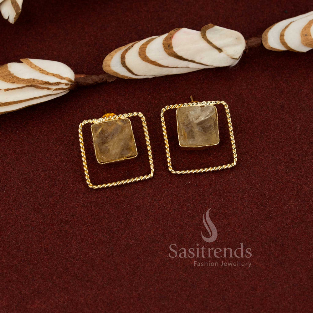 Golden yellow trendy gold plated rope twisted square stud earrings suitable for professional and casual wear - Sasitrends