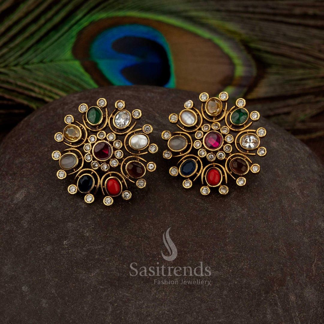  Matte gold plated U-cut floral stud earrings with American diamonds – Sasitrends