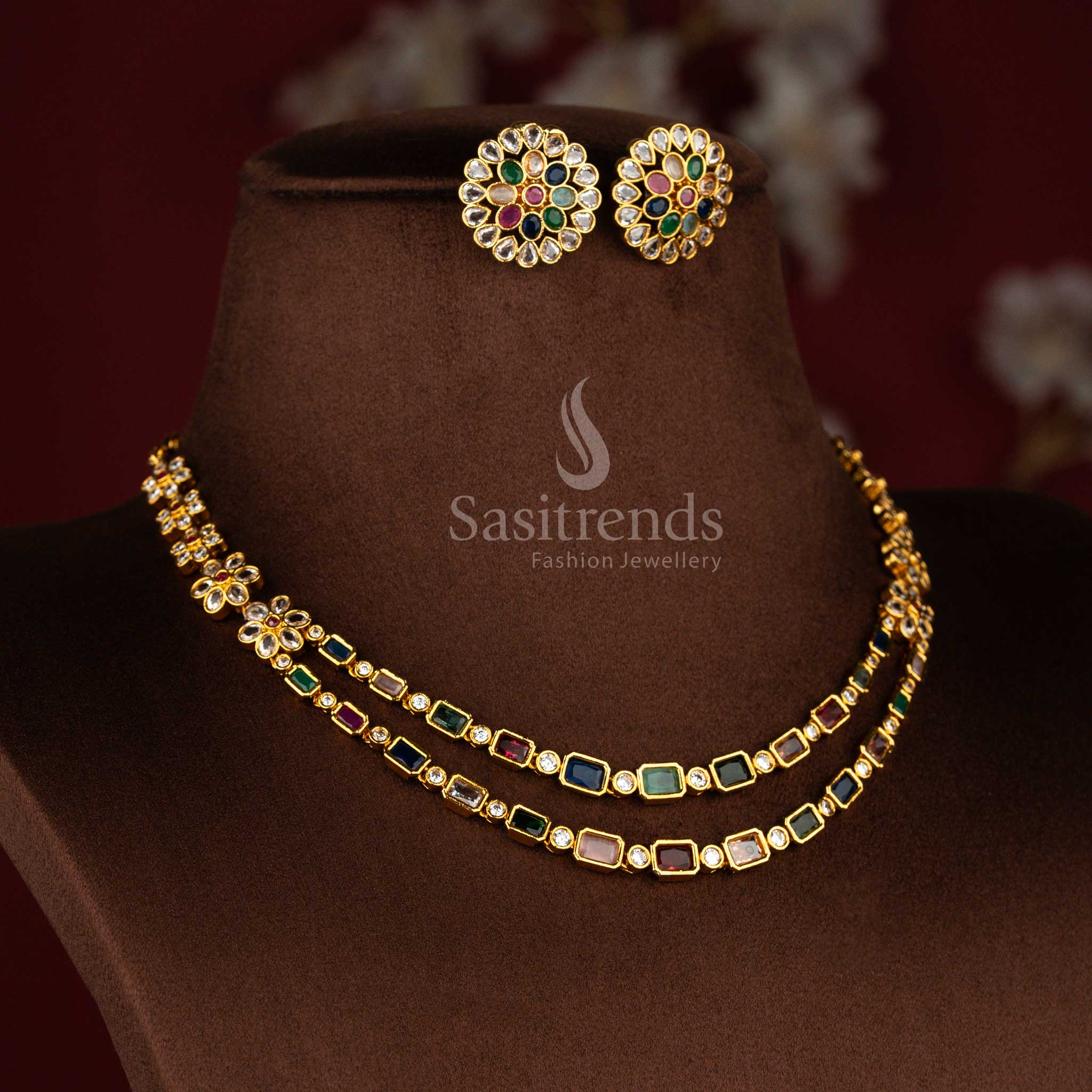 American diamond matte gold plated double layer multi colour baguette floral stud necklace set designed for saree and cultural events – Sasitrends