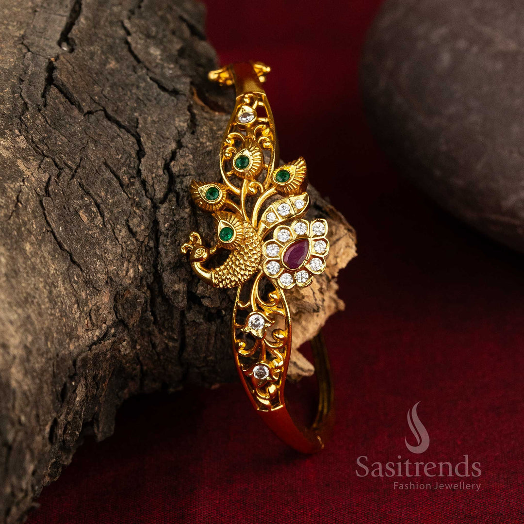 Temple Peacock and Floral Motif Openable Bracelet