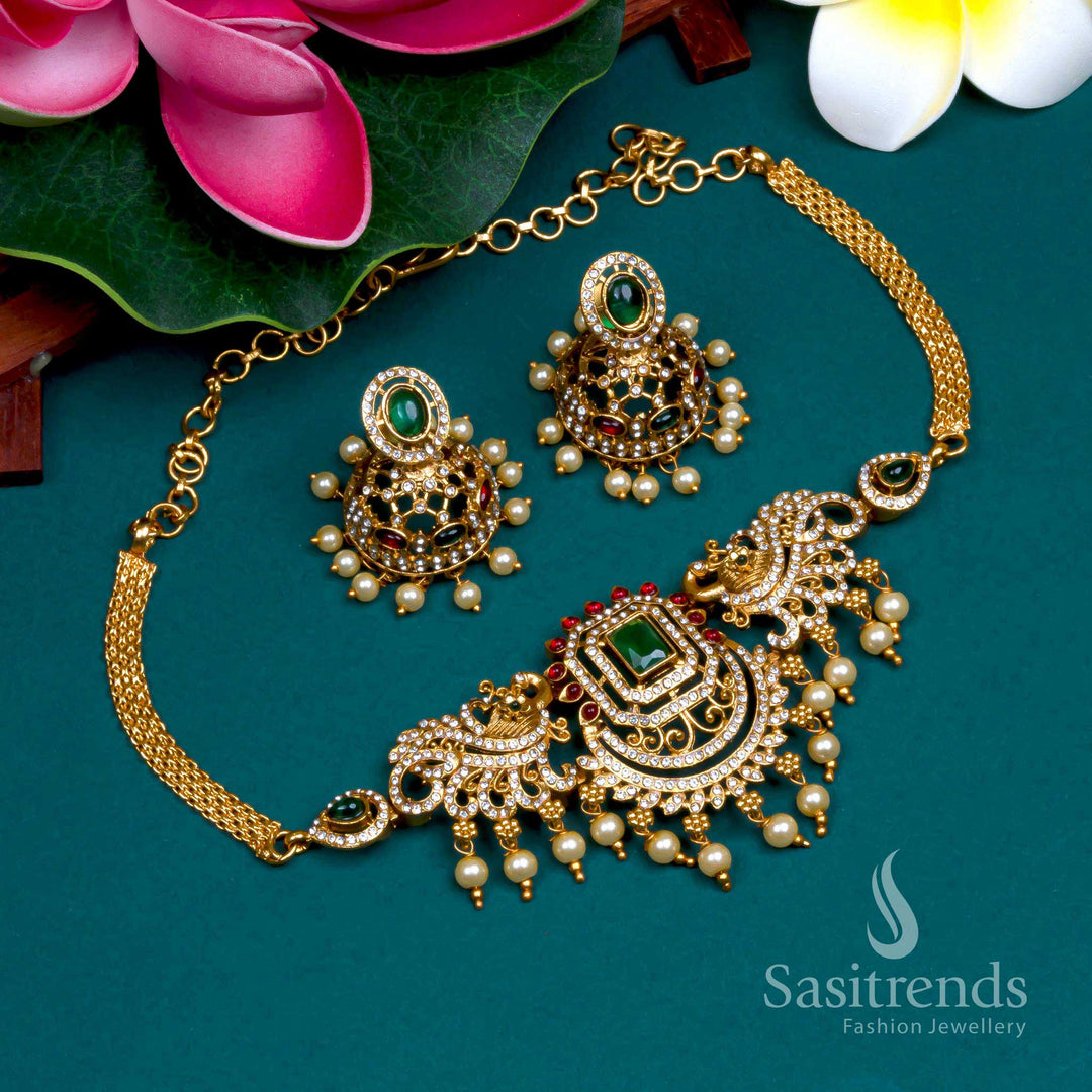 Affordable Temple matte gold plated peacock white pearl choker necklace jewellery set - Sasitrends