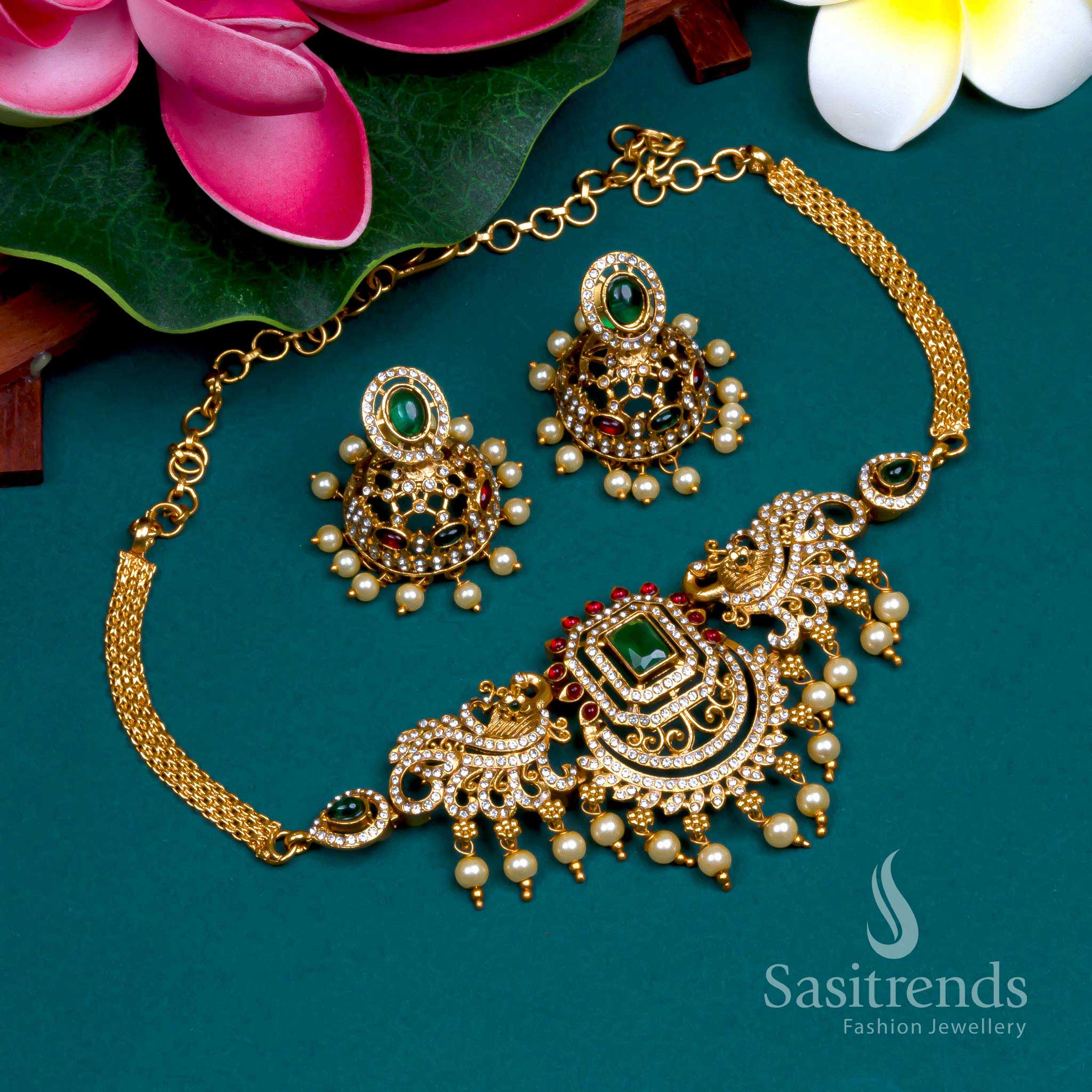 Affordable Temple matte gold plated peacock white pearl choker necklace jewellery set - Sasitrends