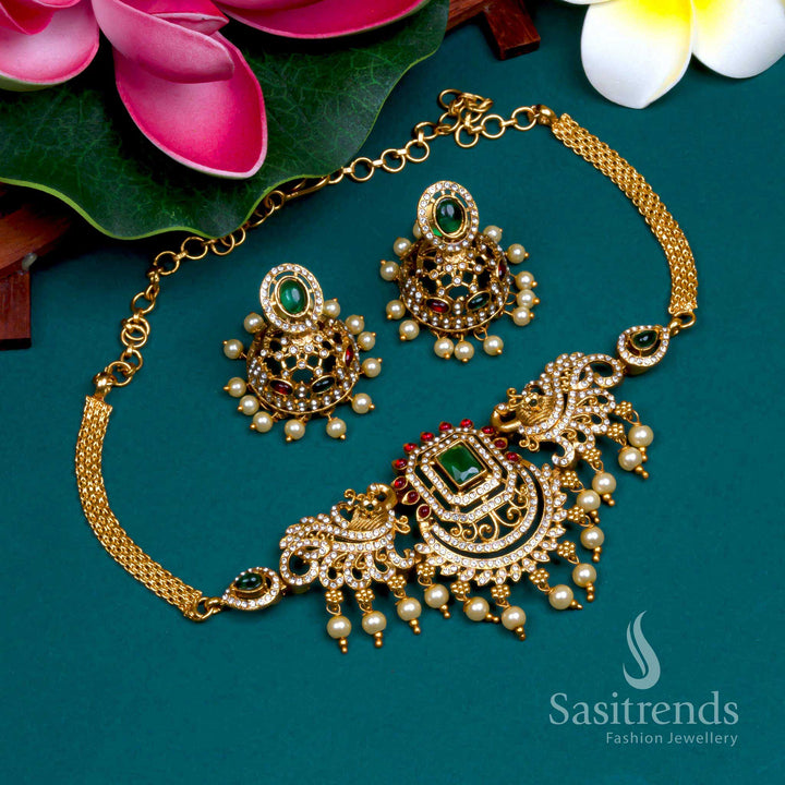 Affordable Classic Temple Matte Gold Plated Peacock Floral Choker Necklace Jewellery Set | Temple & Function Wear