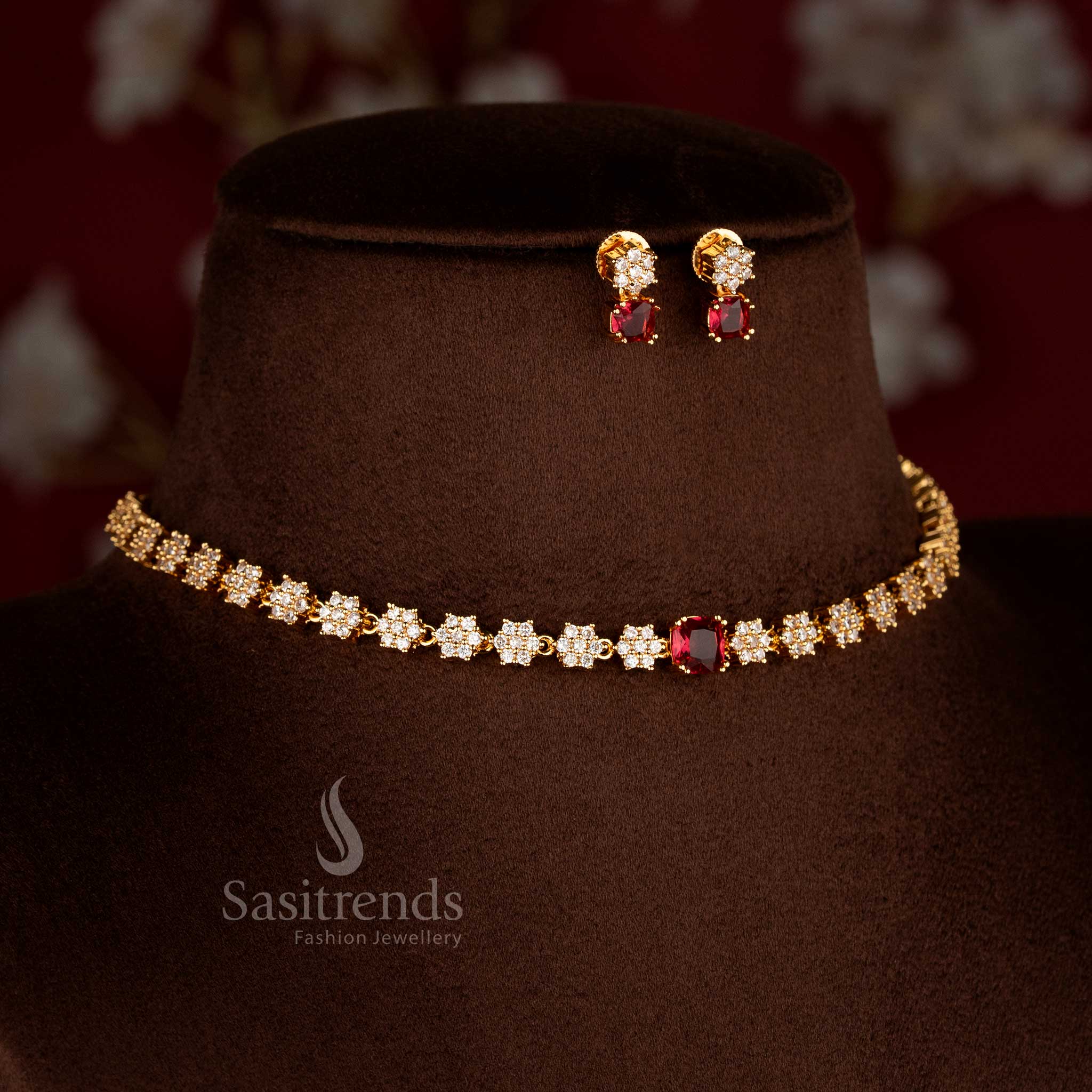 Sasitrends American Diamond floral-link micro gold plated necklace jewellery set with square-cut red centre stone and matching stud earrings – traditional real gold look