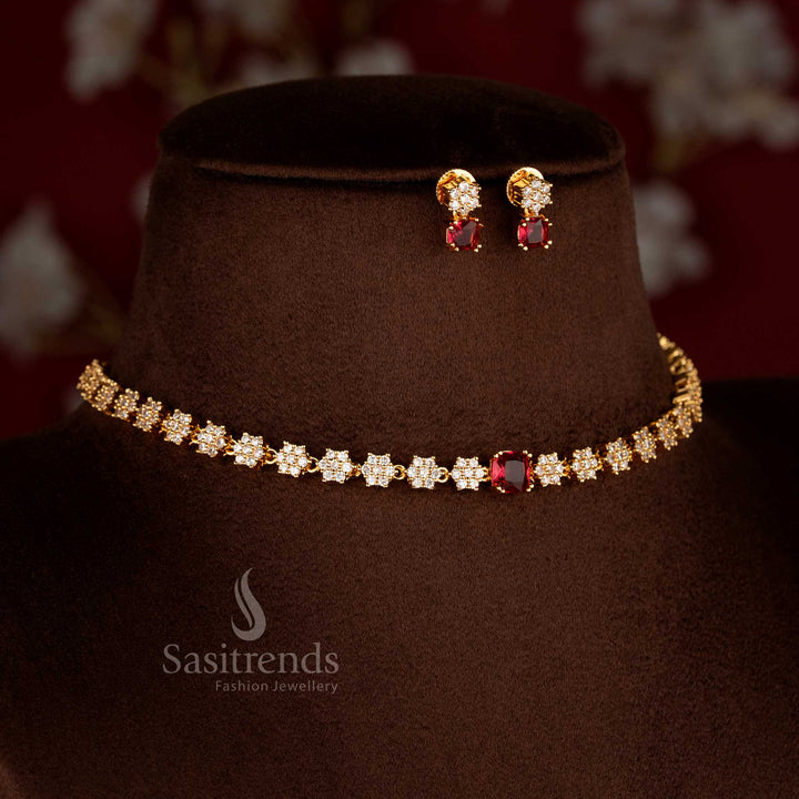 Luxurious American Diamond Floral-Link Micro Gold Plated Necklace Jewellery Set with Square-Cut Red Centre Stone | Real Gold Look Alike